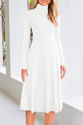 White A-Line Knit High Neck Dress
