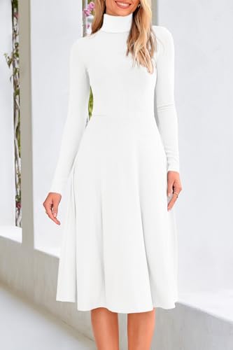White A-Line Knit High Neck Dress