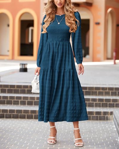 Long Sleeve Smocked A-Line Crew Neck Puff Sleeve Maxi