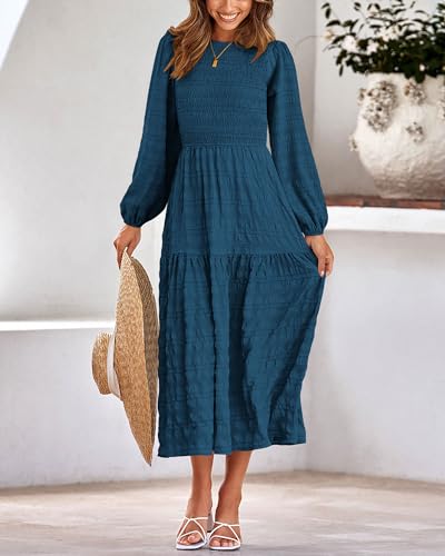 Long Sleeve Smocked A-Line Crew Neck Puff Sleeve Maxi