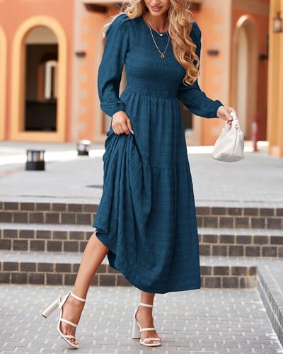 Long Sleeve Smocked A-Line Crew Neck Puff Sleeve Maxi
