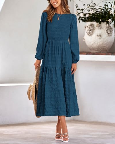 Long Sleeve Smocked A-Line Crew Neck Puff Sleeve Maxi