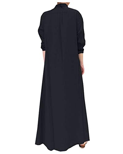 Long Sleeve Button-Front Cotton Pockets Maxi