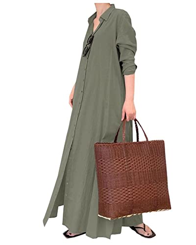Long Sleeve Button-Front Cotton Pockets Maxi