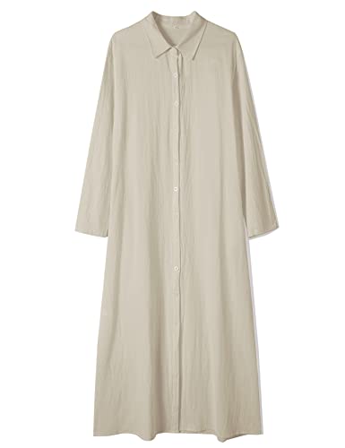 Long Sleeve Button-Front Cotton Pockets Maxi