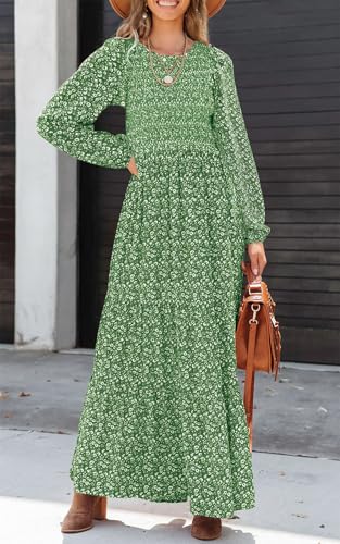 Long Sleeve Smocked Floral Crew Neck Maxi
