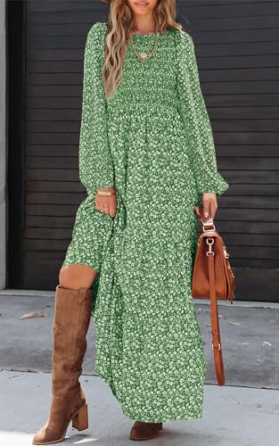 Long Sleeve Smocked Floral Crew Neck Maxi