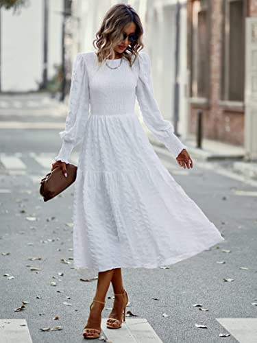 Long Sleeve White Smocked A-Line Crew Neck Puff Sleeve Empire Maxi