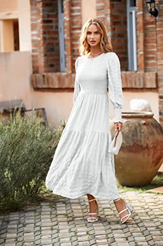 Long Sleeve White Smocked A-Line Crew Neck Puff Sleeve Empire Maxi