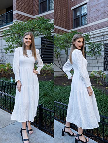 Long Sleeve White Smocked A-Line Crew Neck Puff Sleeve Empire Maxi