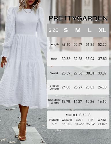 Long Sleeve White Smocked A-Line Crew Neck Puff Sleeve Empire Maxi