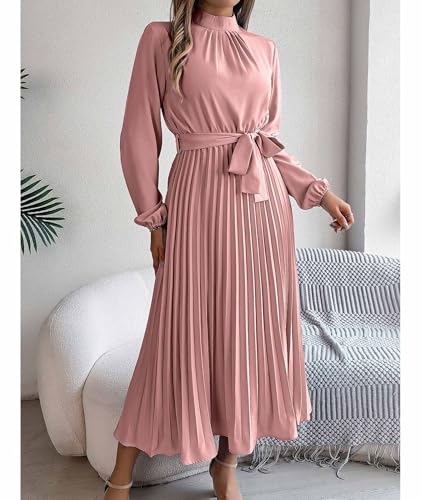 Pleated A-Line Chiffon Mock Neck Dress