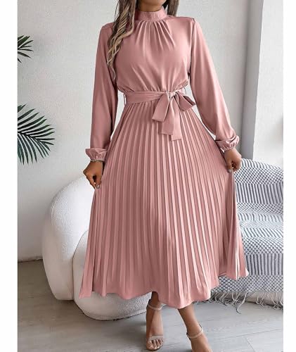 Pleated A-Line Chiffon Mock Neck Dress