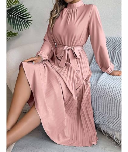 Pleated A-Line Chiffon Mock Neck Dress