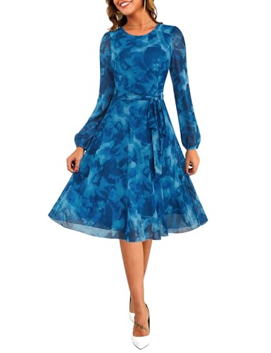 Long Sleeve Floral Mesh Church Tea-Length Puff Sleeve Midi