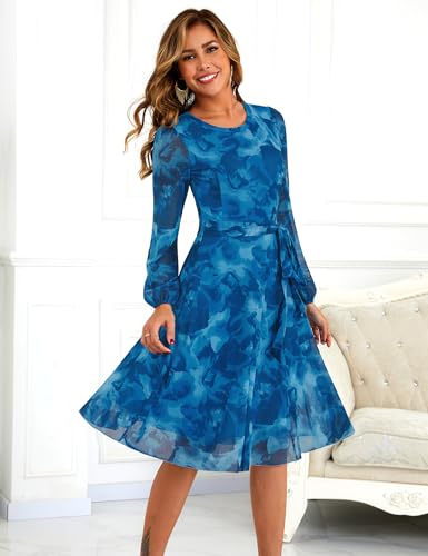 Long Sleeve Floral Mesh Church Tea-Length Puff Sleeve Midi
