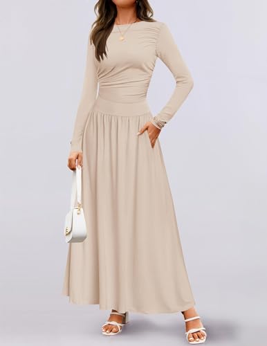 Long Sleeve Pleated Knit Crew Neck Pockets Maxi