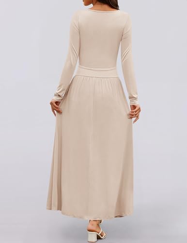 Long Sleeve Pleated Knit Crew Neck Pockets Maxi