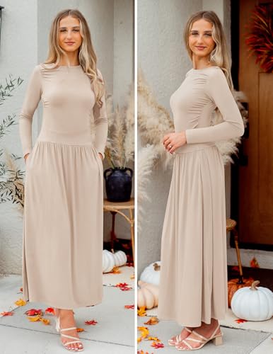 Long Sleeve Pleated Knit Crew Neck Pockets Maxi
