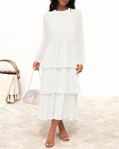 Long Sleeve White Chiffon Crew Neck Midi