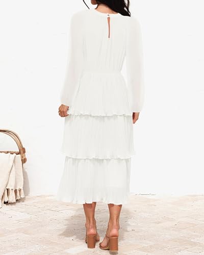 Long Sleeve White Chiffon Crew Neck Midi