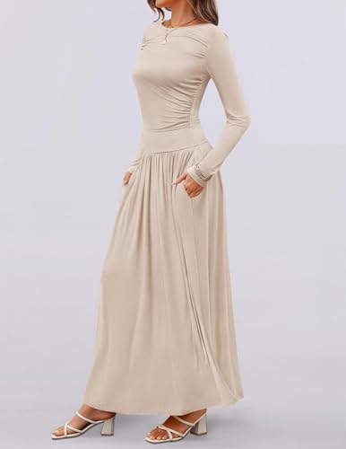 Long Sleeve Pleated Knit Crew Neck Maxi
